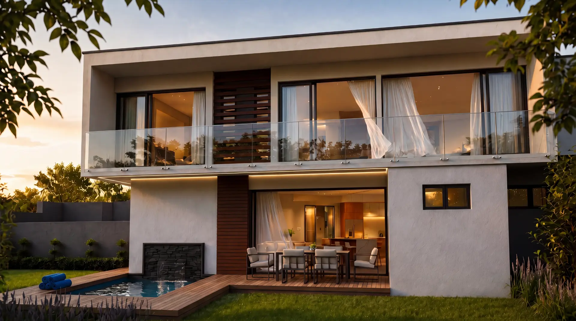 Rear garden elevation with pool, deck and glass balustrade balcony at dusk