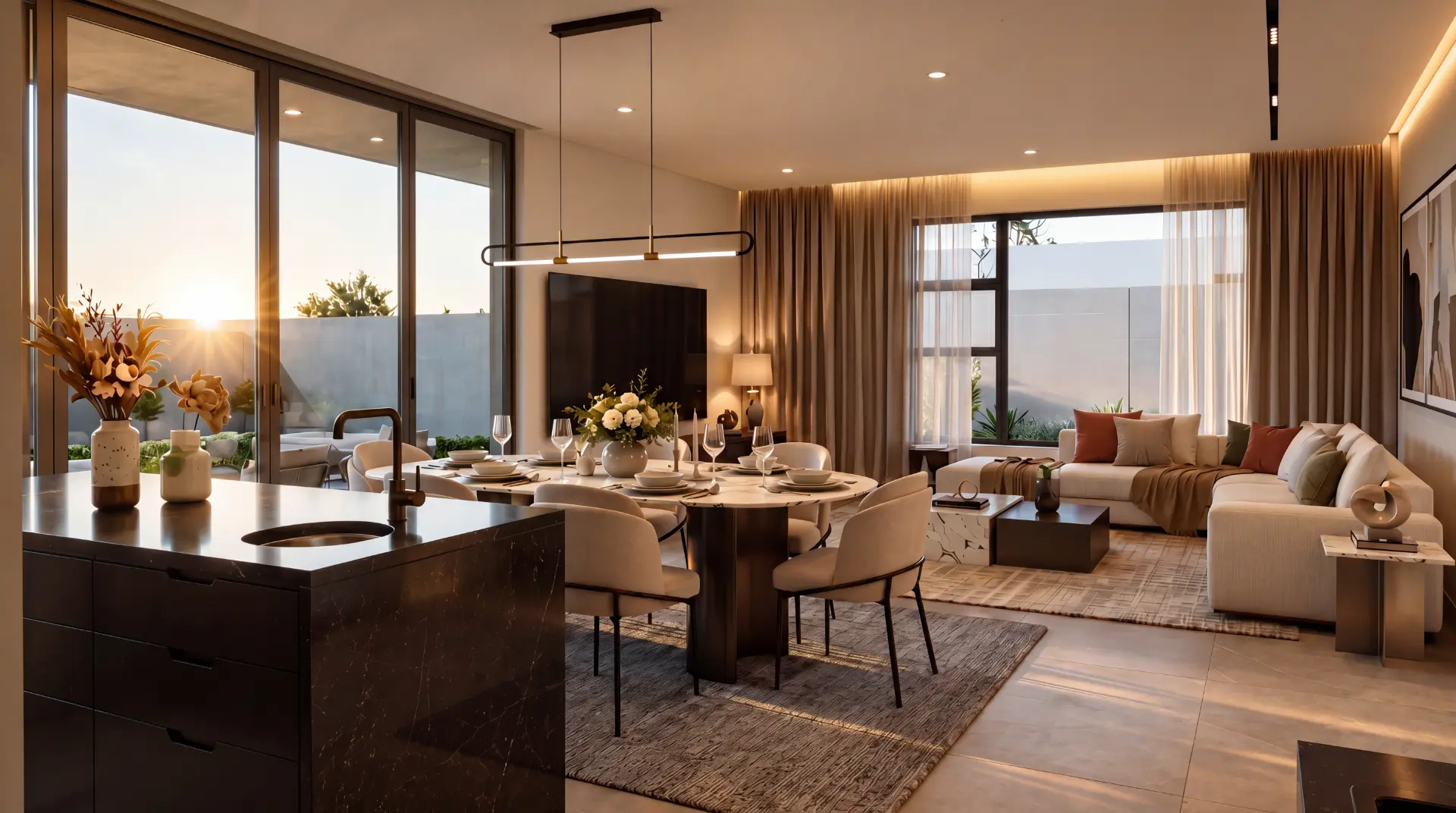 Warm open-plan living, dining and kitchen interior at golden hour