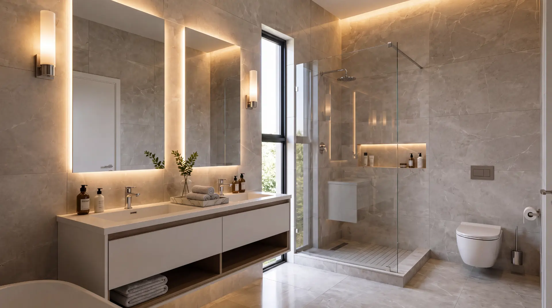 Stone-clad principal bathroom with backlit mirror, twin basins and walk-in shower