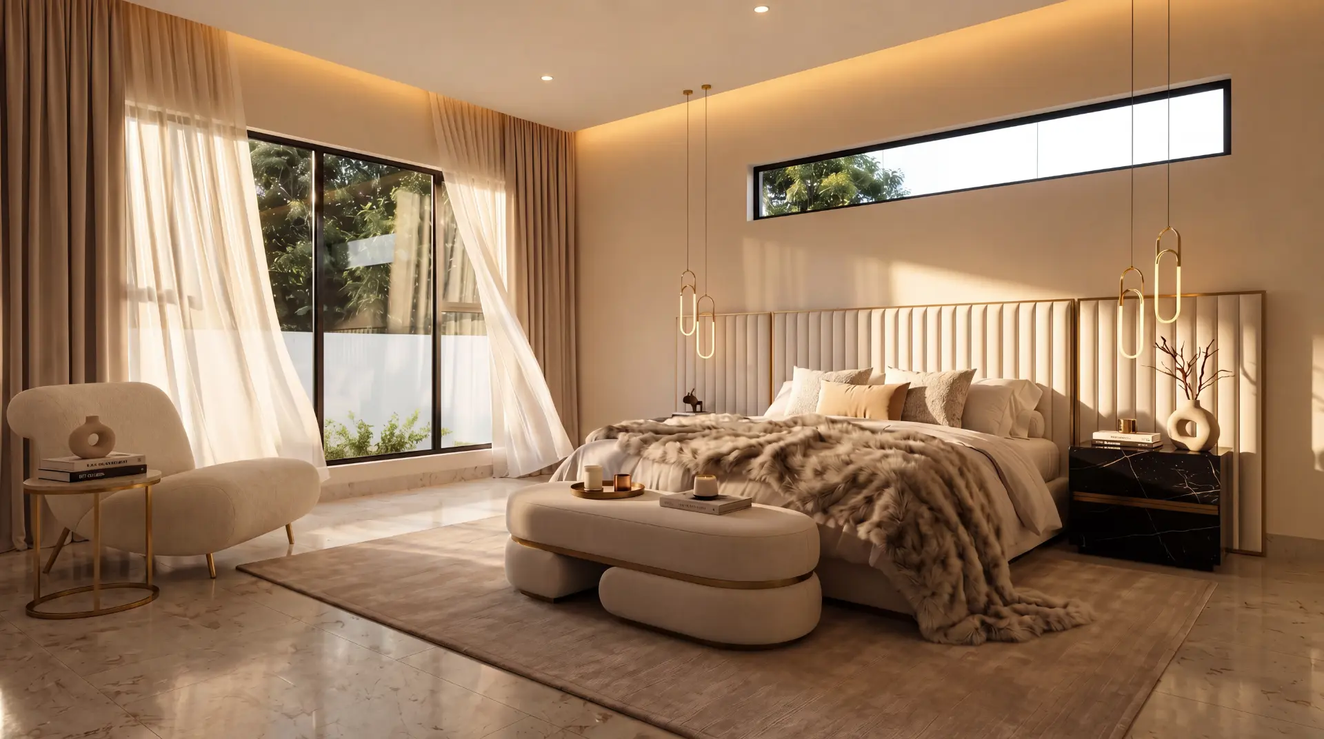 Principal bedroom suite with fluted headboard, brass pendants and sheer curtains