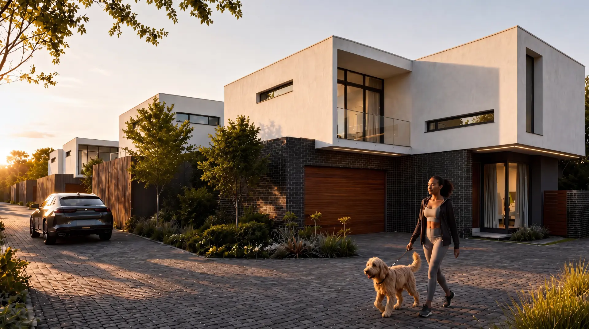 Sunset street view of contemporary double-storey residences at 15 Westminster on the Park
